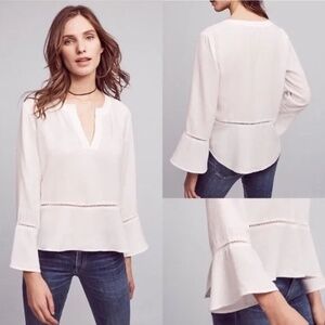 Anthropologie Cloth & Stone Peplum Bell Sleeve Pull Over White Blouse Top SZ M